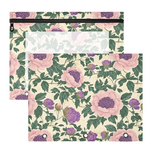 Binder-Federmäppchen mit glatten Reißverschlüssen, 3-fach Locher, für A4-Papier, Briefe, 2 Stück, Lehrer, Kunstbedarf, Aufbewahrung, Vintage, Mohnblumen, grüne Blätter, Retro von KLL