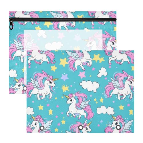 Binder-Federmäppchen mit glatten Reißverschlüssen, 3-fach Locher, für A4-Papier, Briefe, 2 Stück, Lehrer, Zuhause, blaue Einhörner, verträumtes Mädchen von KLL