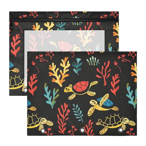 Bindertaschen, 3 Löcher, 3 Locher für 3 Ringe, Ordner, 2 Stück, Lehrerklasse, Tierschildkröte, Seetang, Schwarz von KLL