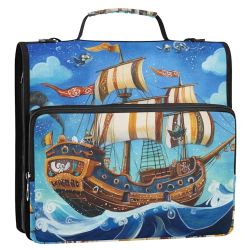 Bolsa de almacenamiento de archivos Piratenschiff-Ordner mit 3 Ringen, 3,8 cm, mit Reißverschluss, mit Griff, mehrere Taschen, Dokumentenmappe, Organizer für Schule/Büro von KLL