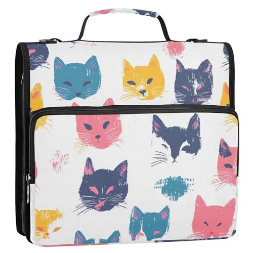 Bunte Malerei, Katze, weiß, 3,8 cm, 3 Ringe, Reißverschluss, mit Schultergurt, mehrere Taschen, Dokumentenmappe für Schule/Büro Bunte Malerei, Katze, weiß, 3,8 cm, 3 Ringe, Reißverschluss, mit Schultergurt, mehrere Taschen, Dokumentenmappe für Schule/Büro von KLL