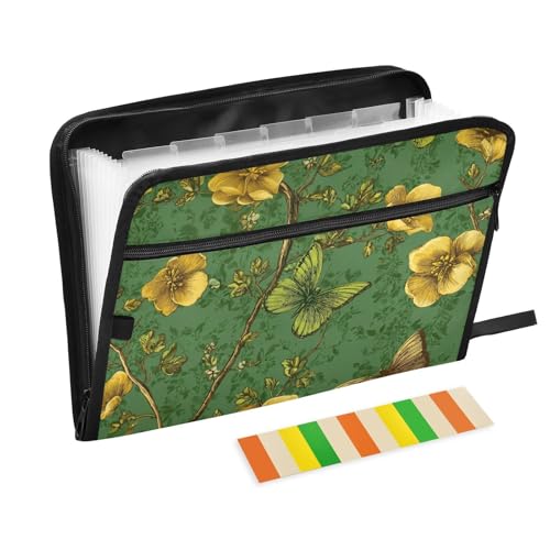 Carpeta de Elegante Schnellhefter mit gelben Blumen und Grün, 13 Fächer, A4, Briefgröße mit Reißverschluss, für Papiere, breite Aktenordner Carpeta de Elegante Schnellhefter mit gelben Blumen und Grün, 13 Fächer, A4, Briefgröße mit Reißverschluss, für Papiere, breite Aktenordner von KLL