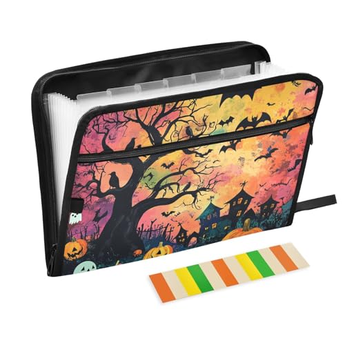 Carpeta de Halloween-Mappe, schwarz, Fledermäuse, Kürbisse, Baumkrähen, erweiterbar, 13 Fächer, A4, Briefgröße mit Reißverschluss, für Papiere, Hängemappe, Ordner von KLL