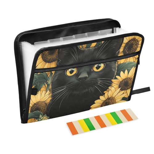 Carpeta de Mappe mit mehreren Fächern, Motiv: schwarze Katze, Sonnenblumen, Gänseblümchen, 13 Taschen, A4, Briefgröße mit Reißverschluss, für Zuhause, Büro, erweiterbar von KLL