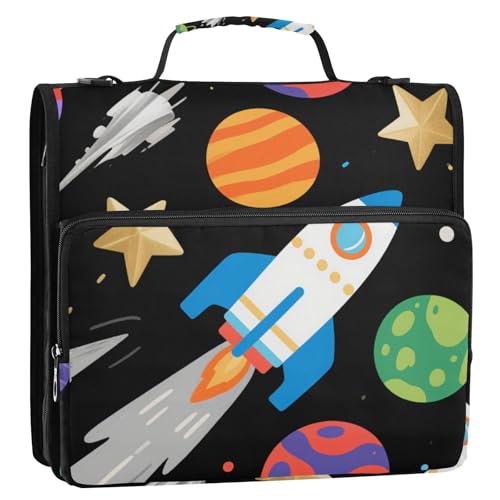 Cartoon Bunte Planeten und Raketen, 3 Ringe, 3,8 cm, Ordner mit Reißverschluss und Schultergurt, leicht zu transportieren, Dokumentenmappe, Organizer für Schule/Büro, Organisadores de suministros von KLL