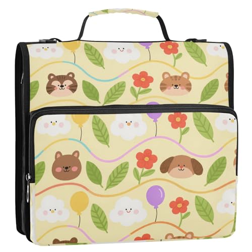 Cartoon Cute Animal and Cloud 3,8 cm 3-Ring-Ordner mit extra Taschen mit Griff und abnehmbarem Schultergurt, mehrere Taschen, Dokumenten-Organizer, geeignet für Mittelschule von KLL