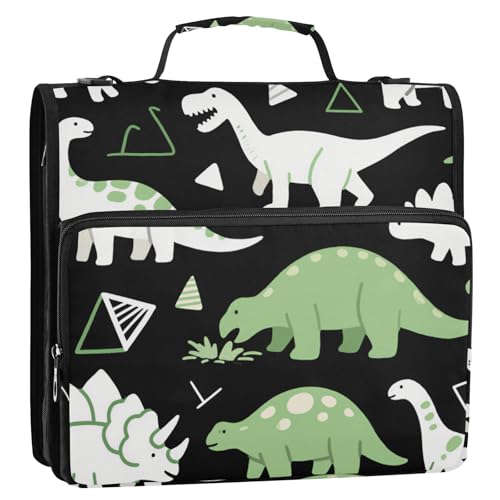 Cartoon-Dinosaurier, schwarzer Hintergrund, 3,8 cm, 3 Ringe, Ordner mit extra Taschen mit Schultergurt und Griff, Laege Kapazität, Schulbedarf, Organizer für Mittelschule, Cartera con cremallera von KLL