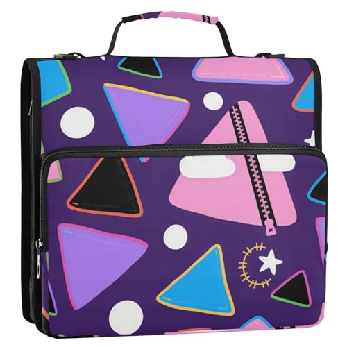 Cartoon-Dreiecke, violett, 3 Ringe, 3,8 cm, Organizer mit Griff und abnehmbarem Schultergurt, mehrere Taschen, Dokumentenmappe, Organizer für Schule/Büro, Clip de Cremallera escolar von KLL