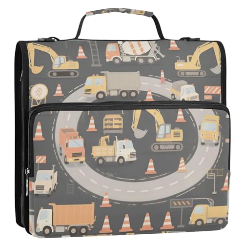 Cartoon Engineering Fahrzeug Grau 3 Ringe Ordner Reißverschluss mit Schultergurt und Griff Mehrere Taschen Tragbares Portfolio für Mittelschüler Bolsa de Cremallera von KLL
