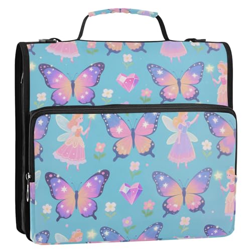 Cartoon Fantasy Schmetterling und Pixie Blau 3 Ringe Organizer Ordner mit Griff und abnehmbarem Schultergurt Multi-Pocket Dokumentenmappe Organizer für Schule/Büro Encuadernador de Cartera von KLL