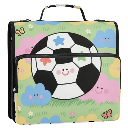 Cartoon-Fußball-Ordner mit 3 Ringen, 3,8 cm, mit Reißverschluss und Schultergurt, inklusive Reißverschlusstasche, Dokumentenmappe, Organizer für Büro, Schule, Cartera Portátil von KLL