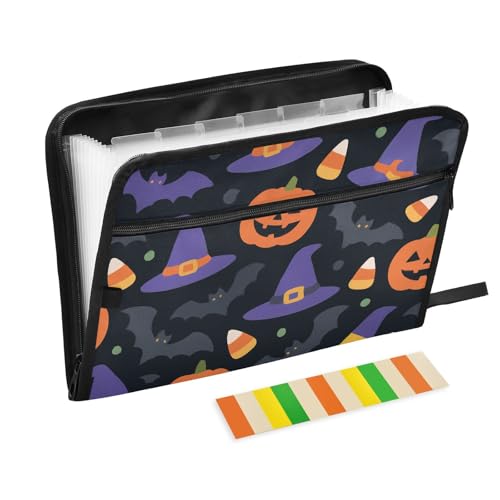 Cartoon-Halloween-Mappen, magische Hüte, Jack-o'-Laternen und Fledermäuse, Ordner für Dokumente, 13 Taschen, A4, Briefgröße mit Reißverschluss, für Bürobedarf, Organizer, Ordner, Teppiche von KLL
