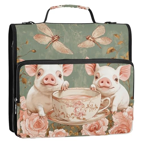 Cartoon-Organizer mit niedlichem Teetassen-Schweine-Blumen-Design, 3,8 cm, 3 Ringe, Reißverschluss, Organizer mit Schultergurt, mehrere Taschen, Dokumentenmappe, Organizer für Büro, Schule Cartoon-Organizer mit niedlichem Teetassen-Schweine-Blumen-Design, 3,8 cm, 3 Ringe, Reißverschluss, Organizer mit Schultergurt, mehrere Taschen, Dokumentenmappe, Organizer für Büro, Schule von KLL