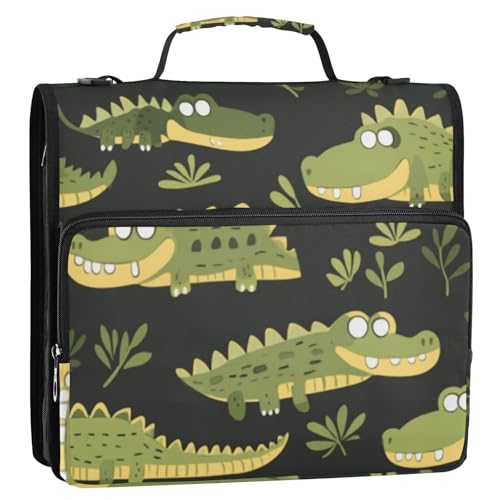 Cartoon-Safari-Krokodile, grün, 3 Ringe, stabiler Reißverschluss, Ordner mit Griff, mehrere Taschen, Reißverschluss, Portfolio, geeignet für Mittelschule, Bolsa de almacenamiento de archivos von KLL
