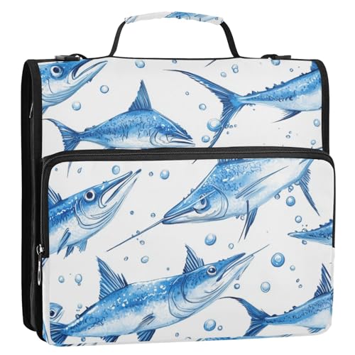 Cartoon-Schwertfisch-Fische, weiß, 3 Ringe, Reißverschluss, Ordner mit Schultergurt, mehrere Taschen, Dokumenten-Organizer, Tasche für Schule und Büro, Organisadores de adhesivos escolares von KLL