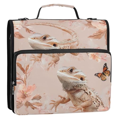 Chic Bearded Dragon Reptile Rotgold 3 Ringe 3,8 cm Reißverschluss Ordner mit Gurt Multi-Pocket Dokumentenmappe Organizer für Schule und Büro Bolsa de almacenamiento de archivos von KLL