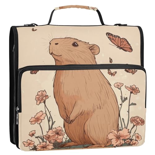 Cute Capybara Aktenordner mit 3 Ringen, stabiler Reißverschluss, mit Griff und abnehmbarem Schultergurt, mehrere Taschen, Dokumenten-Organizer, Tasche für Büro, Schule von KLL