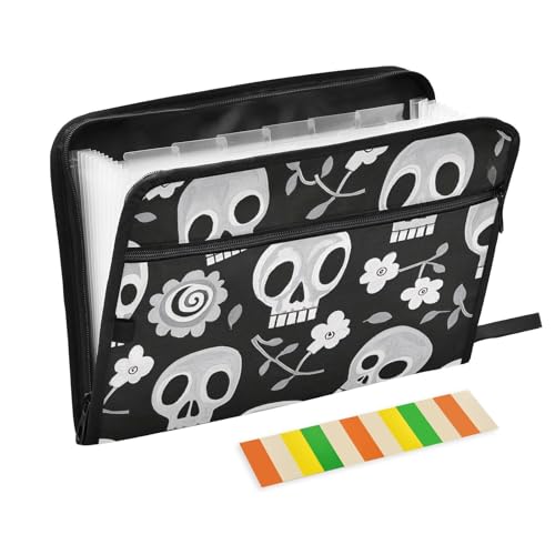 Dokumenten-Organizer, Motiv: weißer Totenkopf und Blumen, 13 Fächer, A4, Briefgröße mit Reißverschluss, für Geschäfte, Fächermappe, Organizer, Carpetas de von KLL