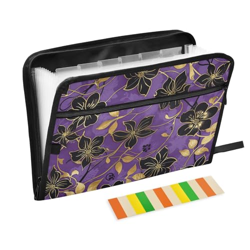 Dokumenten-Organizer mit violettem Hintergrund, goldfarbene und schwarze Blumen, 13 Taschen, A4, Briefgröße mit Reißverschluss, für Zuhause, Büro, große Aktenordner Dokumenten-Organizer mit violettem Hintergrund, goldfarbene und schwarze Blumen, 13 Taschen, A4, Briefgröße mit Reißverschluss, für Zuhause, Büro, große Aktenordner von KLL