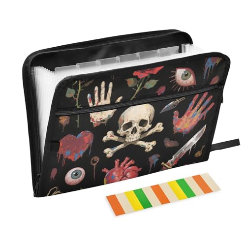 Dokumentenmappe, Gothic-Stil, rote Rose, Totenkopf, 13 Taschen, A4, Briefgröße mit Reißverschluss, für Geschäftspartner, Carpeta de von KLL