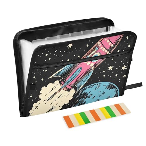 Dokumentenmappe, Retro-Stil, Vintage-Raketen, 13 Fächer, A4, Briefgröße mit Reißverschluss, für Zuhause, Büro, Aktenordner Dokumentenmappe, Retro-Stil, Vintage-Raketen, 13 Fächer, A4, Briefgröße mit Reißverschluss, für Zuhause, Büro, Aktenordner von KLL