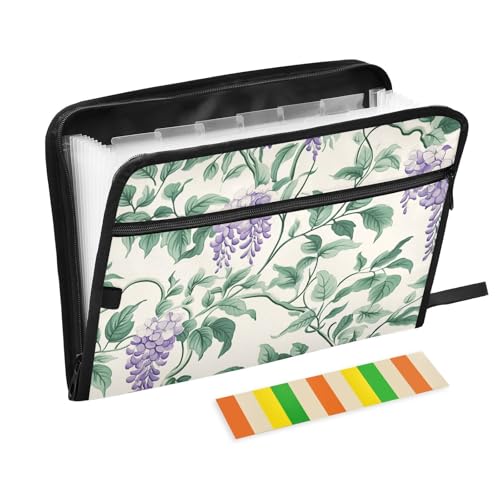 Dokumentenmappe, Retro-Stil, mit Glyzinien-Blume, erweiterbar, 13 Fächer, A4, Briefgröße mit Reißverschluss, für Zuhause, Büro, Ordner mit Tasche von KLL