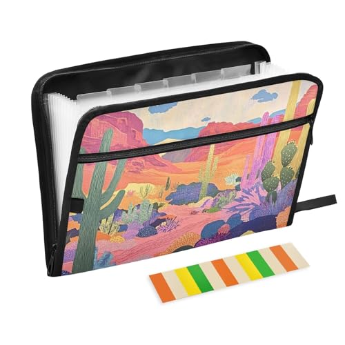 Dokumentenmappe, Wüste mit Kaktus, blühende Blumen, erweiterbar, 13 Taschen, A4, Briefgröße mit Reißverschluss, für Bürobedarf, Papierordner, Carpeta de Dokumentenmappe, Wüste mit Kaktus, blühende Blumen, erweiterbar, 13 Taschen, A4, Briefgröße mit Reißverschluss, für Bürobedarf, Papierordner, Carpeta de von KLL