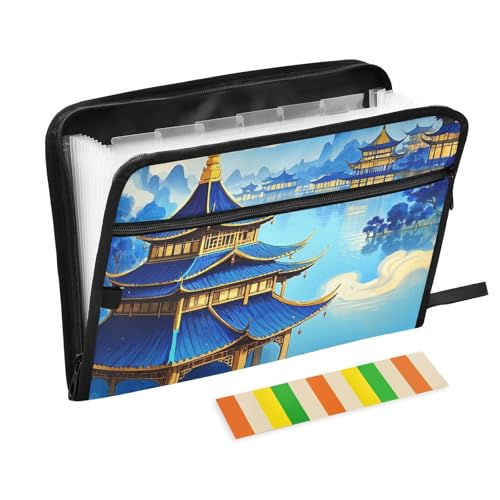 Dokumentenmappe, chinesisches Querformat, 13 Taschen, A4, Briefgröße mit Reißverschluss, für Büro, erweiterbarer Ordner mit Trennblättern, Blau und Gold Dokumentenmappe, chinesisches Querformat, 13 Taschen, A4, Briefgröße mit Reißverschluss, für Büro, erweiterbarer Ordner mit Trennblättern, Blau und Gold von KLL