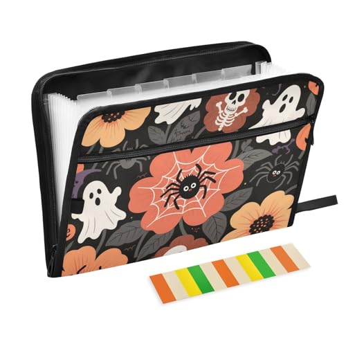 Dokumentenmappe mit Aufschrift "Happy Halloween", Totenkopf-Blumen, 13 Taschen, A4, Briefgröße mit Reißverschluss, für Zuhause, Büro, Fächermappe von KLL
