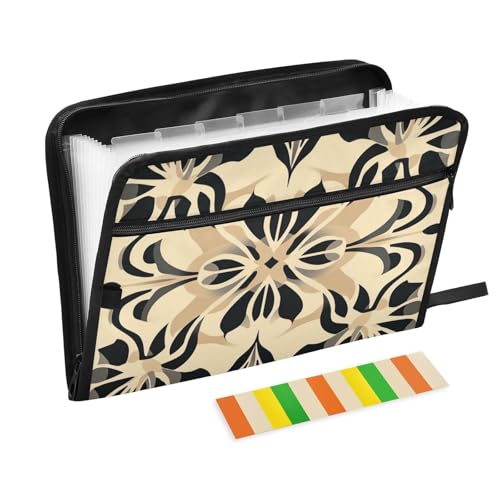 Dokumentenmappe mit abstraktem Blumenmuster in Beige und Schwarz, 13 Taschen, A4, Briefgröße mit Reißverschluss, für Zuhause, Büro, Reisen, Organizer, Fächermappe von KLL