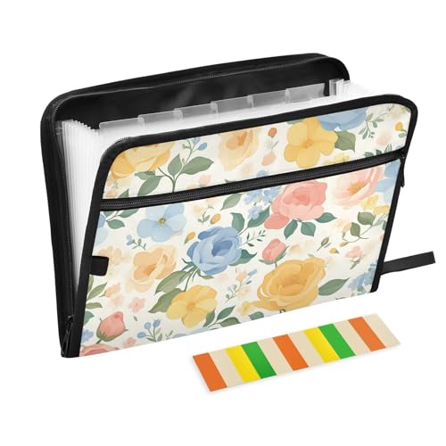 Dokumententasche mit Blumenmuster, 13 Fächer, A4, Briefgröße mit Reißverschluss, für Zuhause, Büro, Organizer, Mappe, Beige von KLL