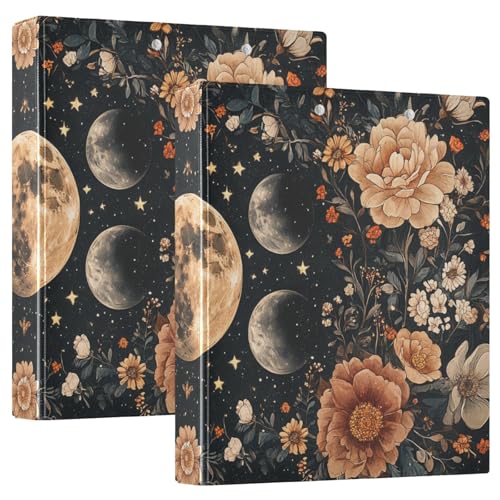 Drei-Ring-Ordner, 2,5 cm, Mond, schwarze Blumen, Boho, mit Taschen, 1/2er-Pack, Schulbedarf, Ordner, 200 Blatt, 2 Stück Drei-Ring-Ordner, 2,5 cm, Mond, schwarze Blumen, Boho, mit Taschen, 1/2er-Pack, Schulbedarf, Ordner, 200 Blatt, 2 Stück von KLL