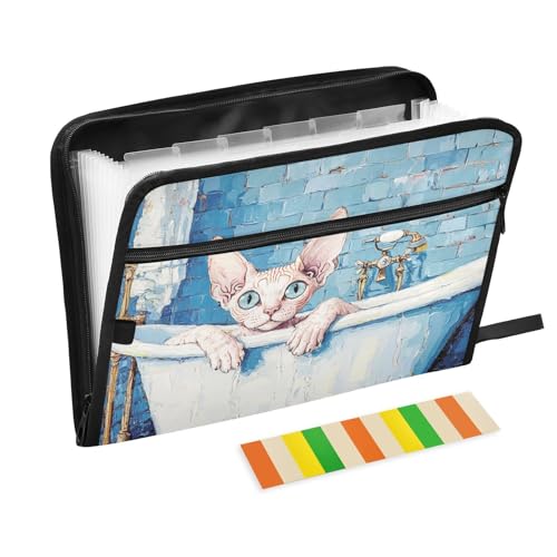 Erweiterbare Hängemappe, A4-Größe, Akkordeon mit Reißverschluss, für Ernährungsberater, Krankenpflege, Schule, niedliche Cornish Rex Katzen, Vintage-Badewanne von KLL