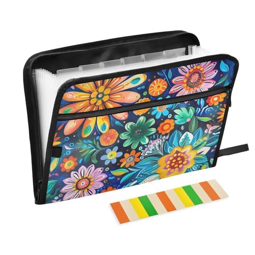 Fächermappe aus Kunststoff, Motiv: bunte Mandala-Blumen, 13 Fächer, A4, Briefgröße mit Reißverschluss, für Bürobedarf, erweiterbare Dokumententasche von KLL
