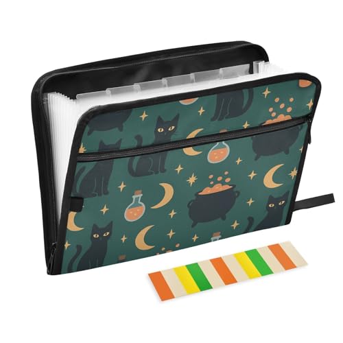 Fächermappe für Halloween, Motiv: schwarze Katzen und Mond, 13 Fächer, A4, Briefgröße mit Reißverschluss, für Papiere, Fächermappe mit Etiketten, Carpetas de Fächermappe für Halloween, Motiv: schwarze Katzen und Mond, 13 Fächer, A4, Briefgröße mit Reißverschluss, für Papiere, Fächermappe mit Etiketten, Carpetas de von KLL