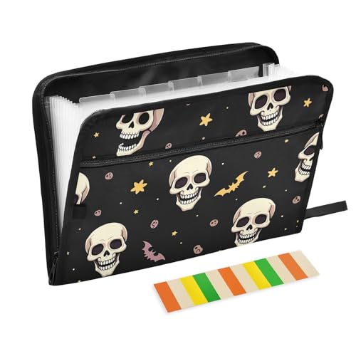 Fächermappe für Halloween, weiße Totenköpfe, gelbe Sterne, 13 Fächer, A4, Briefgröße mit Reißverschluss, für Büro, Dokumente, Ordner, Fächermappe von KLL