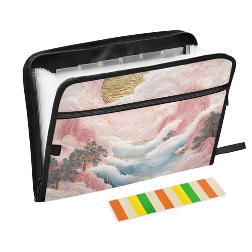 Fächermappe mit 13 Fächern, A4, mit Reißverschluss, für Papiere, Fächermappe, Motiv: rosa Wolken, Berge, chinesische Landschaft, Malerei, Akkordeon von KLL