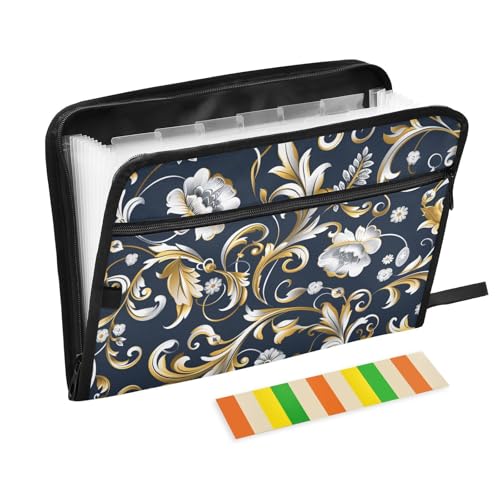 Fächermappe mit Blumenmuster, 13 Fächer, A4, Briefgröße mit Reißverschluss, für Geschäfte, Fächermappe, Organizer, Dunkelblau / goldfarben von KLL
