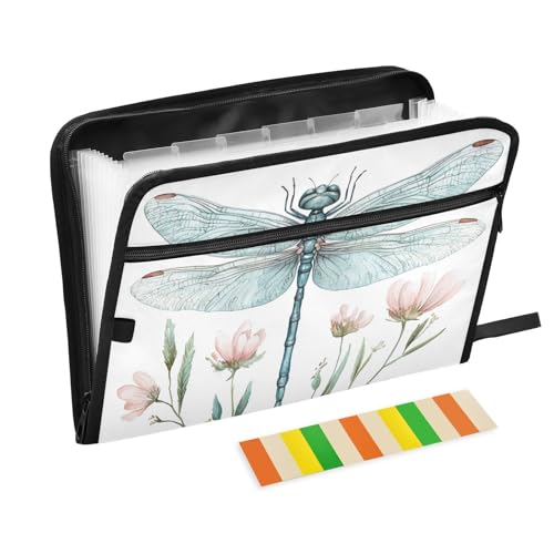 Fächermappe mit Cartoon-Libellen-Motiv, 13 Fächer, A4, Briefgröße mit Reißverschluss, für Papiere, Quittungen, Weiß von KLL