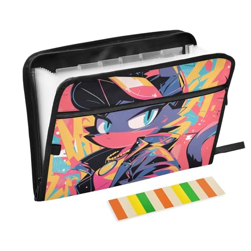 Fächermappe mit Etiketten, Cartoon-Katze, Graffiti-Stil, bunt, mit Etiketten, 13 Taschen, A4, Briefgröße mit Reißverschluss, für Bürobedarf, Aktenhalter, Organizer von KLL