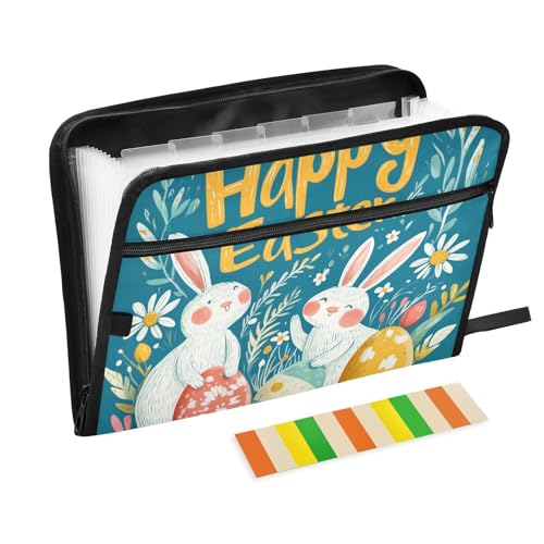 Fächermappe mit Hasenohren, Blättern, Gänseblümchen, Ei, Frohe Ostern, 13 Taschen, A4, Briefgröße mit Reißverschluss, für Papiere, Kunststoff, Fächermappe von KLL