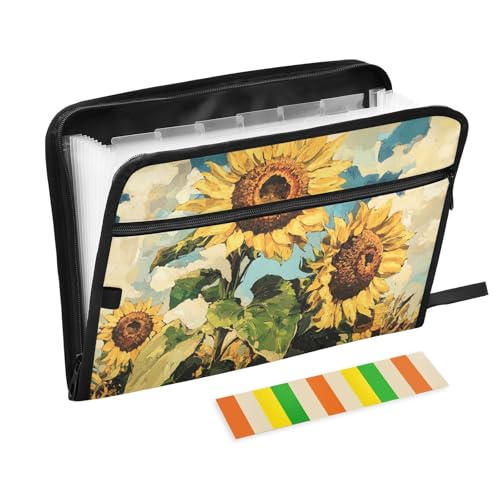 Fächermappe mit Sonnenblumen, Ölgemälde, Gelb, mit Etiketten, 13 Taschen, A4, Briefgröße mit Reißverschluss, zur Aufbewahrung von Dokumenten, erweiterbare Mappe, Carpeta de von KLL