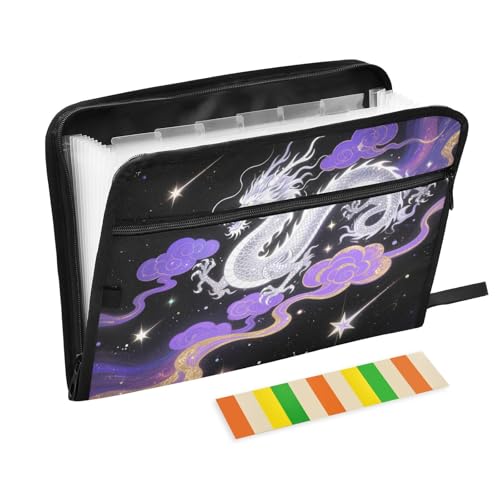 Fächermappe mit Sternen, violetter glänzender Drache, 13 Fächer, A4, Briefgröße mit Reißverschluss, für Geschäftsmappen für Dokumente, Para-Guardar von KLL