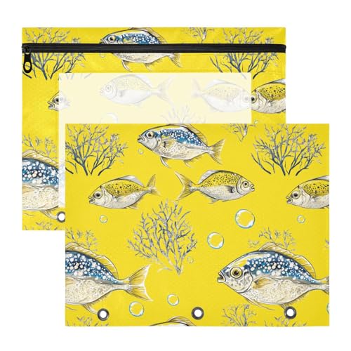 Federmäppchen, 3 Löcher, 3 Locher, für A4-Papier, Briefe, 2 Stück, Schüler, Schulbedarf, lustige Pompano-Fische, Gelb von KLL