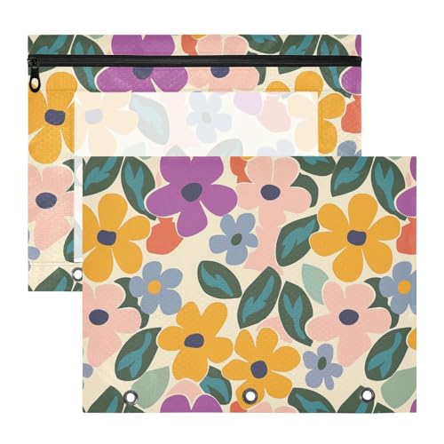 Federmäppchen, 3 Löcher, 3 Locher für 3 Ringe, 2 Stück, Lehrer, College, modisch, bunte Blumen von KLL