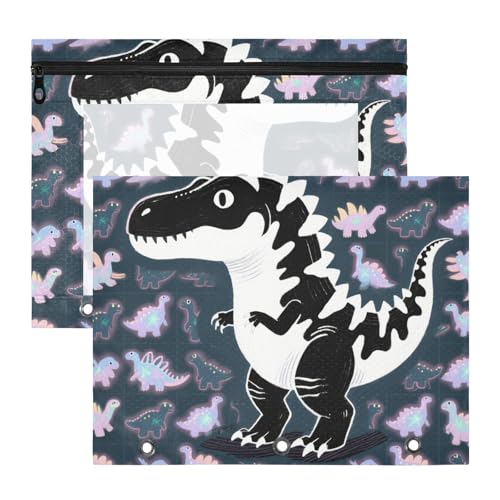 Federmäppchen, 3 Löcher, 3 Locher für 3 Ringe, Ordner, 2 Stück, Studenten, Büro, Cartoon, Dinosaurier, Schwarz / Weiß von KLL