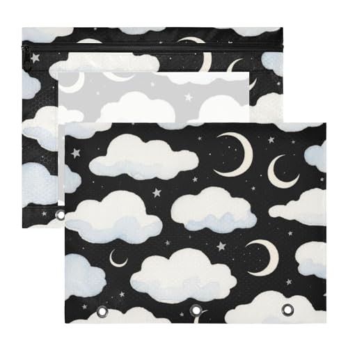 Federmäppchen, 3 Löcher, Taschenordner für 3 Ringe, 2 Stück, Studenten, Zuhause, Schwarz und Weiß, Wolken, Mond von KLL