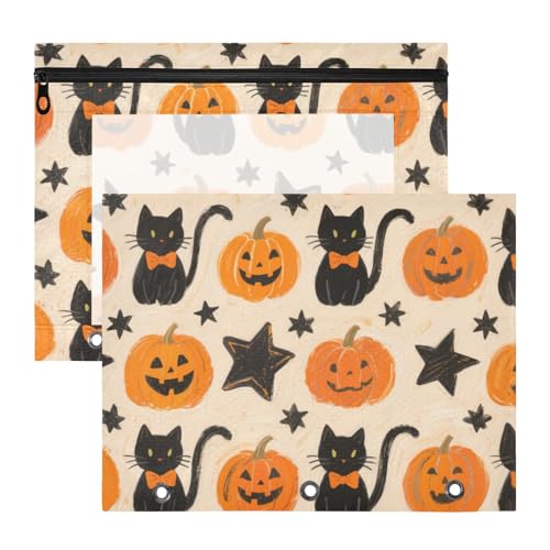 Federmäppchen, bezaubernd, 3 Löcher, für A4-Papier, Briefe, 2 Stück, Lehrer, Schulanfang, Halloween, gelber Kürbis, Katze von KLL