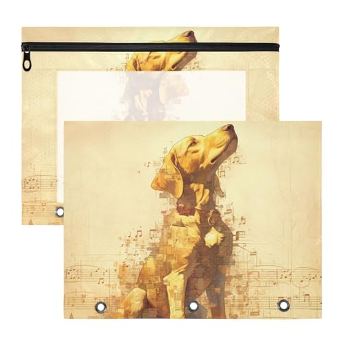 Federmäppchen, stabil, 3 Locher für 3 Ringe, 2 Stück, Studenten, Schulbedarf, digitale Kunst, Golden Retriever, Hund, weiße Notenblätter, goldfarben von KLL
