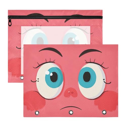 Federmäppchen, tragbar, 3 Locher für 3 Ringe, Ordner, Lehrer, Schulanfang, Cartoon, niedliche große Augen, Rot, 2 Stück von KLL